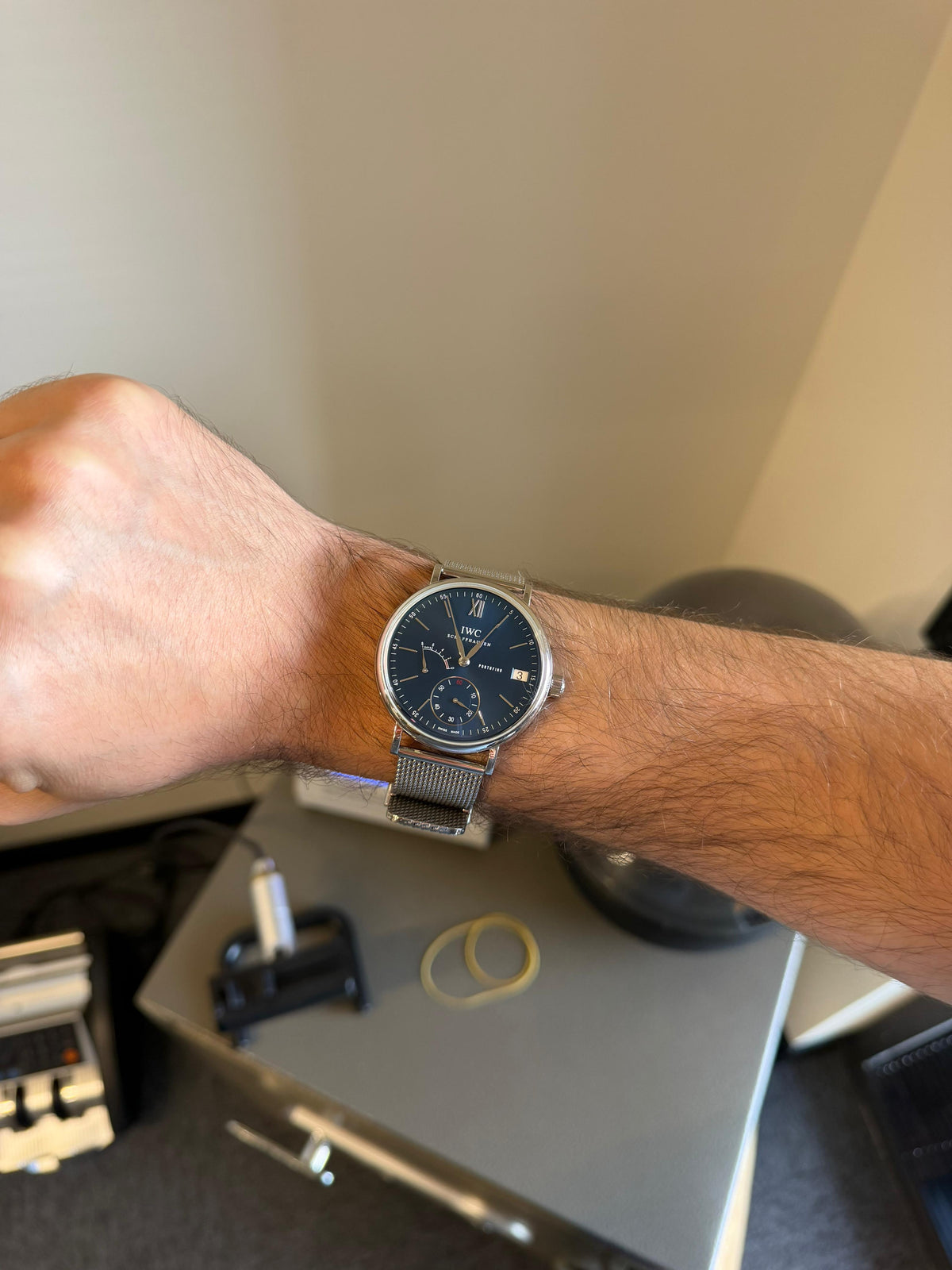 IWC Portofino 8 Days In-house Movement Manual Winding 45mm Stainless Steel Case IW510116 Blue Dial Men’s Used 2019 Year With Papers. No Box