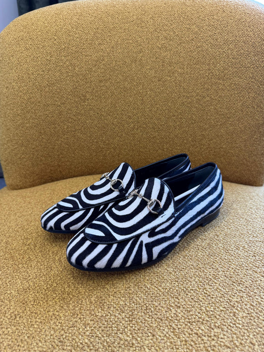 Gucci Pony Hair Zebra Print Womens Horsebit Moccasin Loafers
