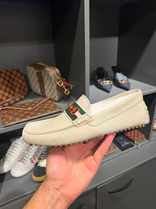 Gucci Men’s Horsebit Web Leather Loafers – White. Size Eu 42