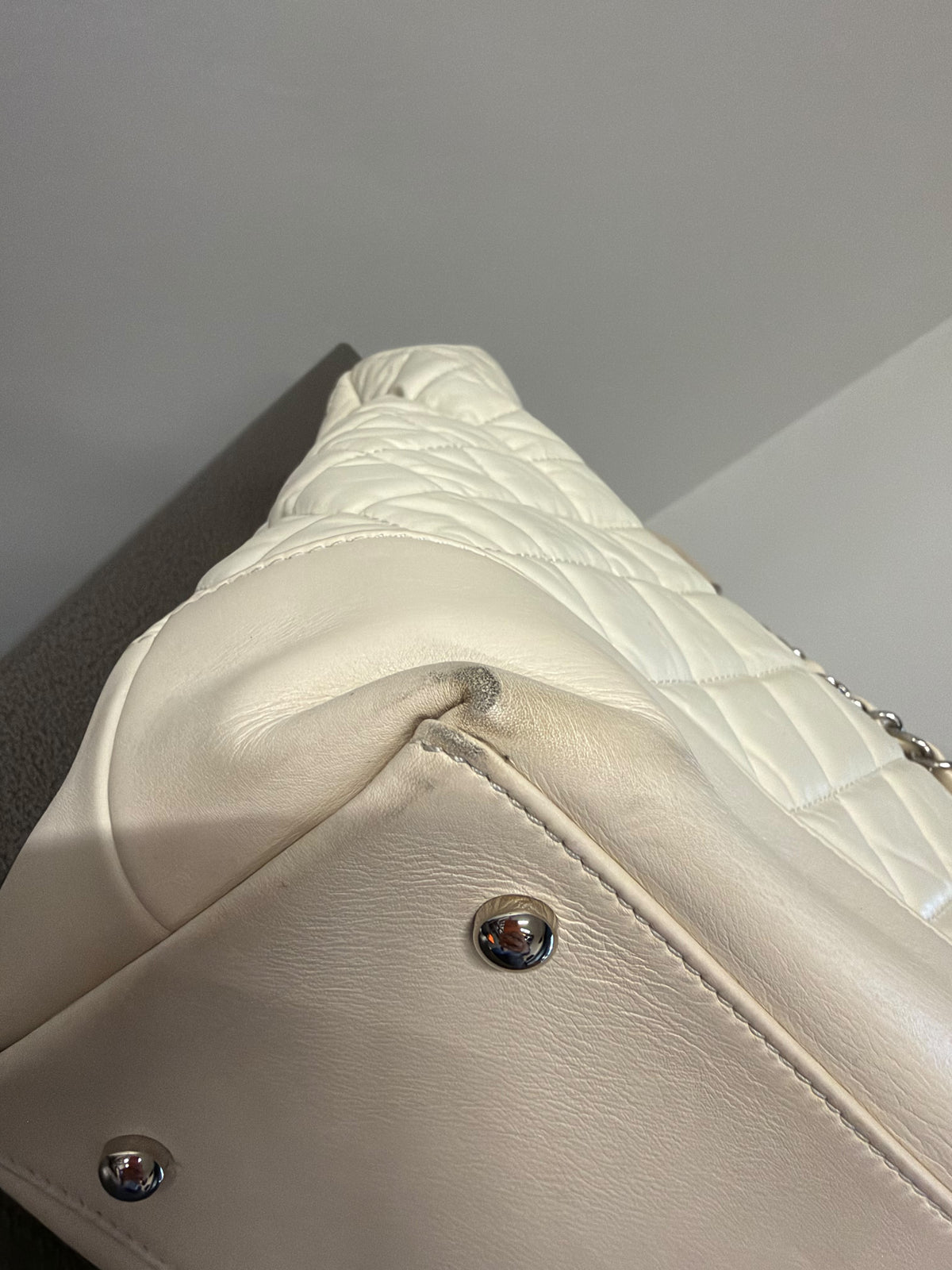 Chanel Ivory Quilted Leather Large Tote Bag with Chain Detail