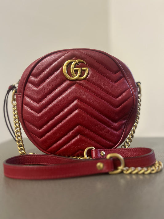 Gucci GG Marmont Red Matelassé Leather Round Mini Crossbody Bag