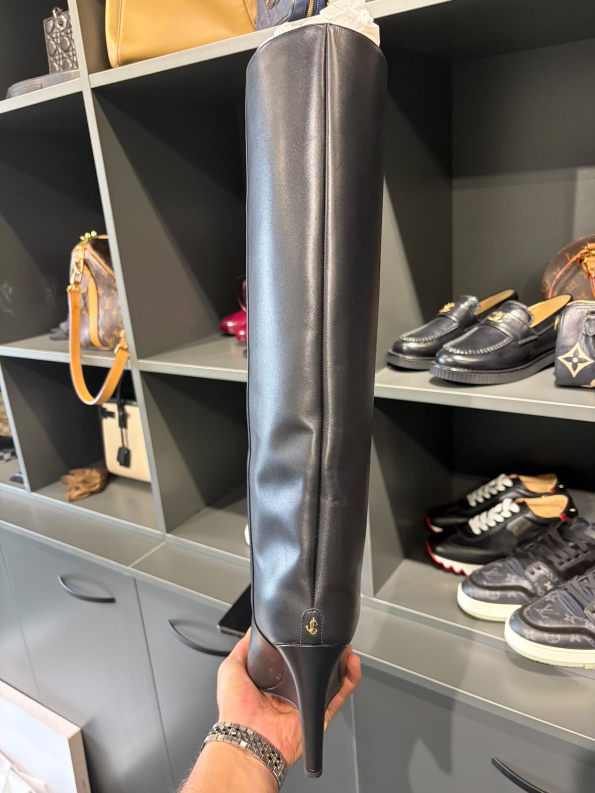 Jimmy Choo Black Leather Knee-High Wedge Boots – EU 39