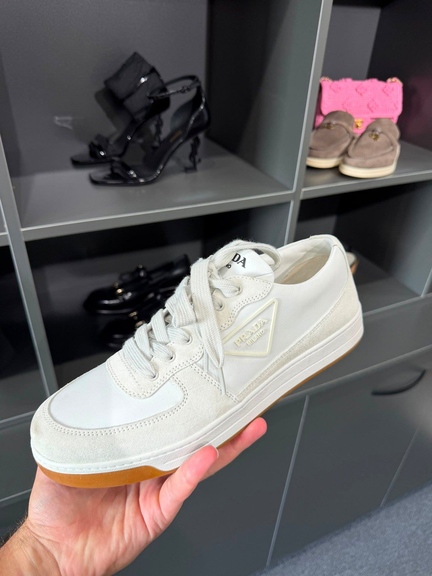 Prada Suede & Leather Triangle Logo Low-Top Sneakers. Size Eu 43