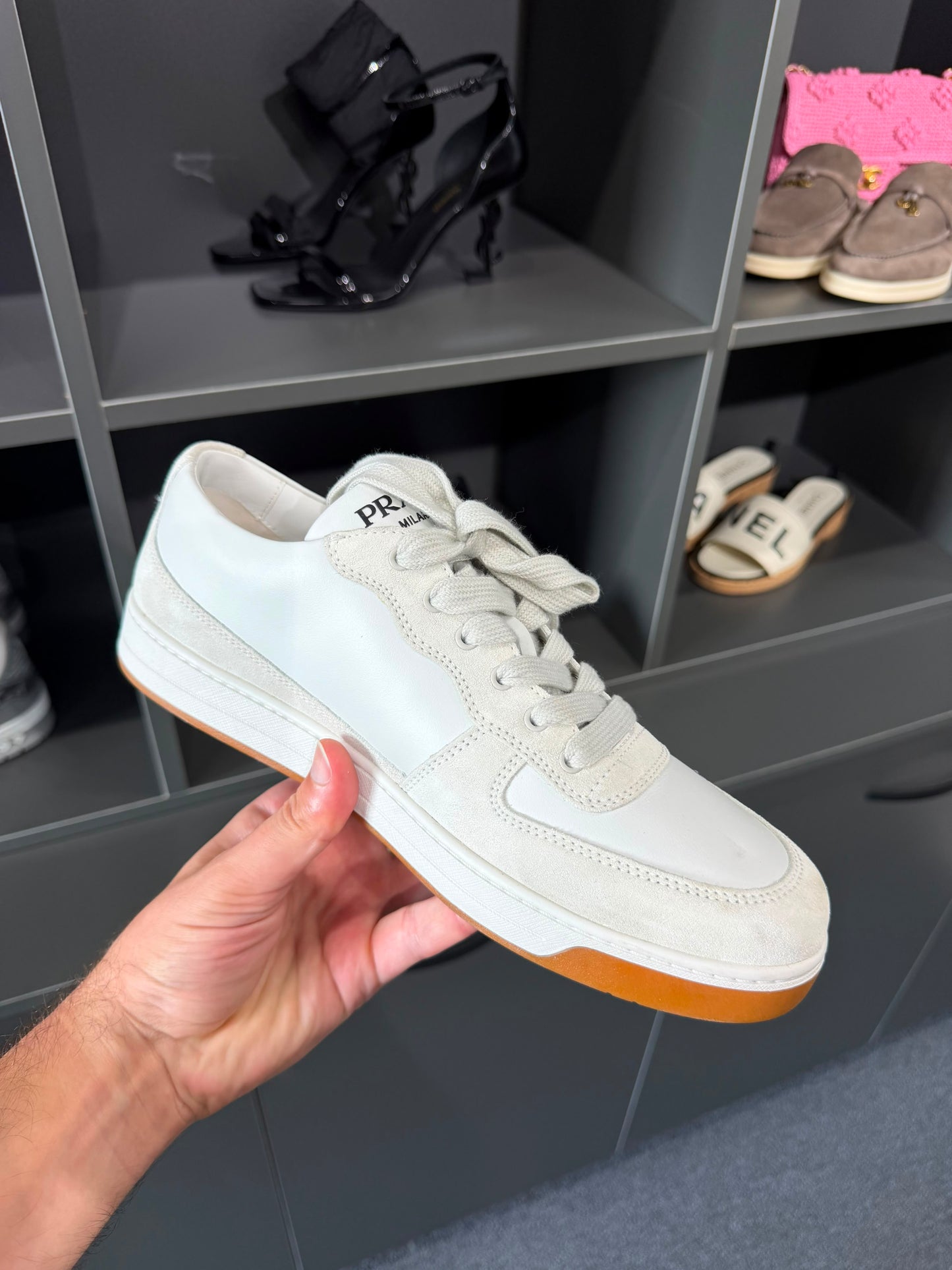 Prada Suede & Leather Triangle Logo Low-Top Sneakers. Size Eu 43