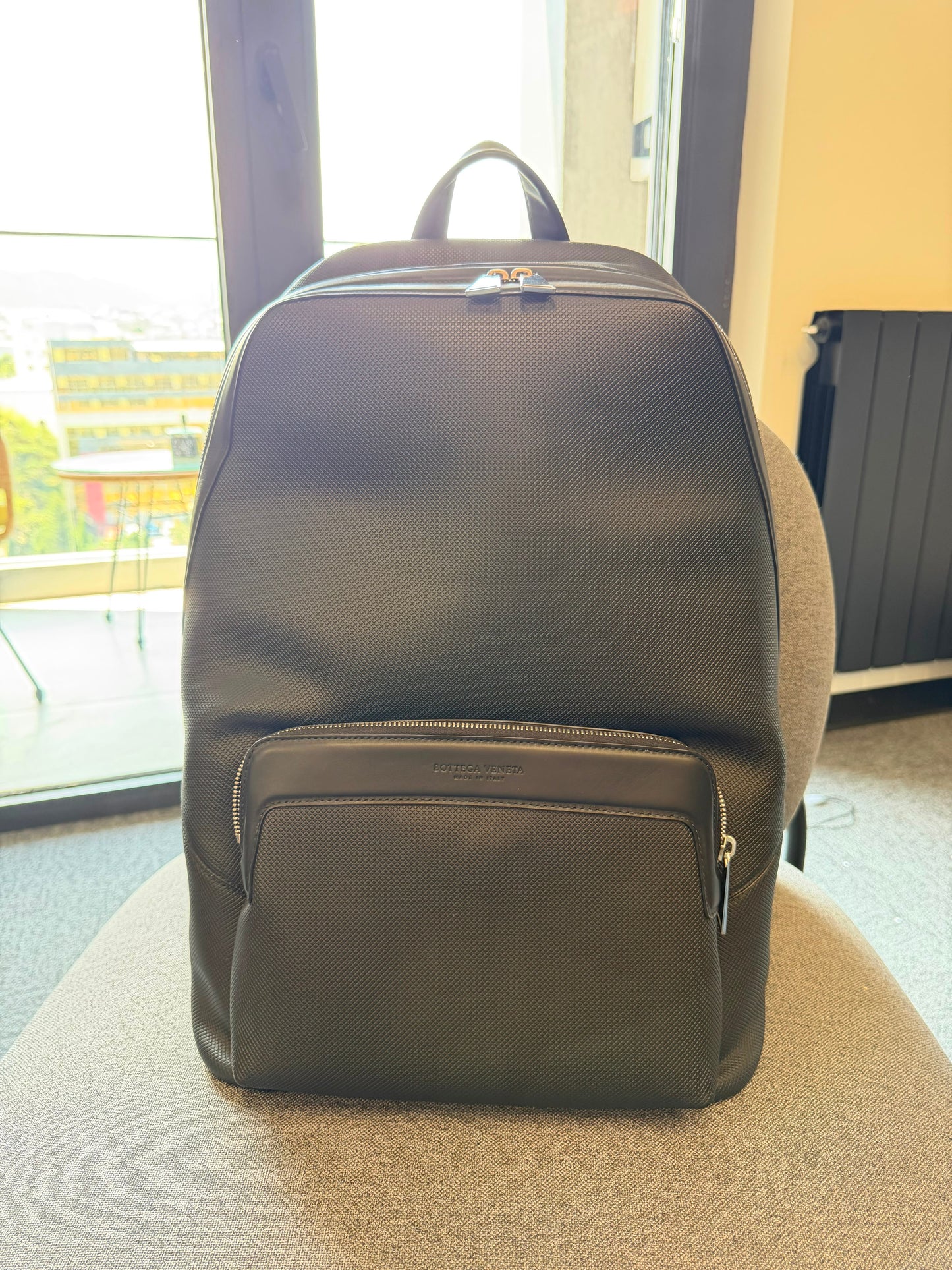 Bottega Veneta Marco Polo Backpack In Black Diamond-Textured Calfskin Leather With Silver-Tone Hardware