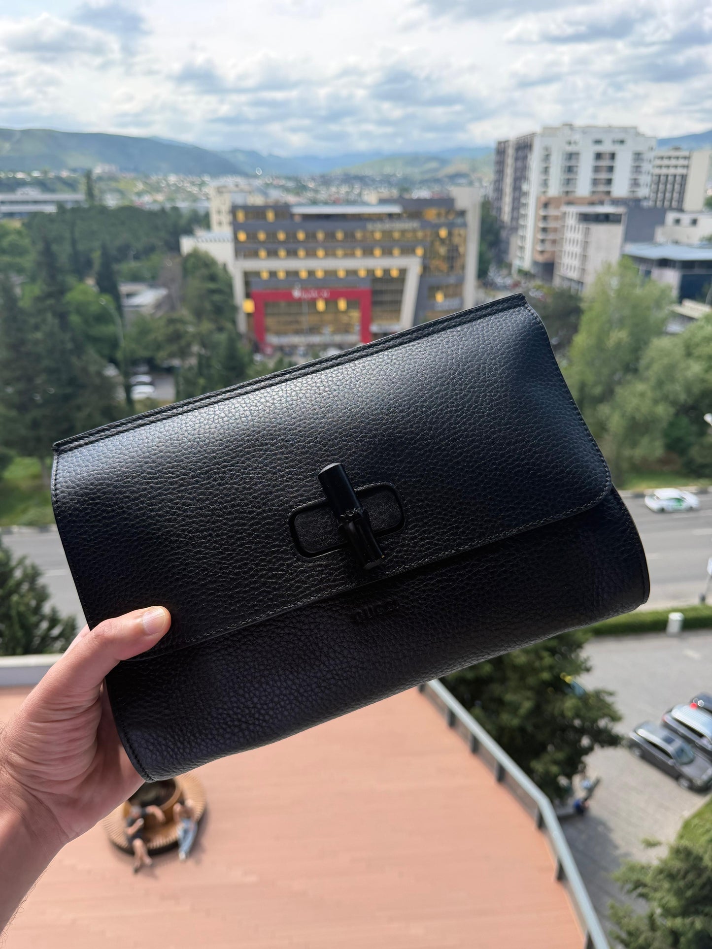 Gucci Unisex Pouch Clutch Black Bamboo Unused