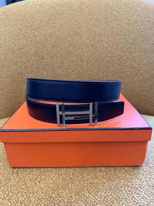 Hermès Hermes Black/Gold Box Calf and Togo Leather Reversible H Au Carre Buckle Belt Golden 85CM