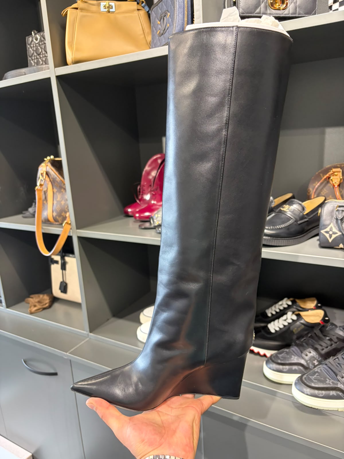 Jimmy Choo Black Leather Knee-High Wedge Boots – EU 39