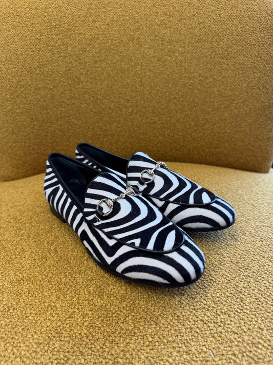 Gucci Pony Hair Zebra Print Womens Horsebit Moccasin Loafers