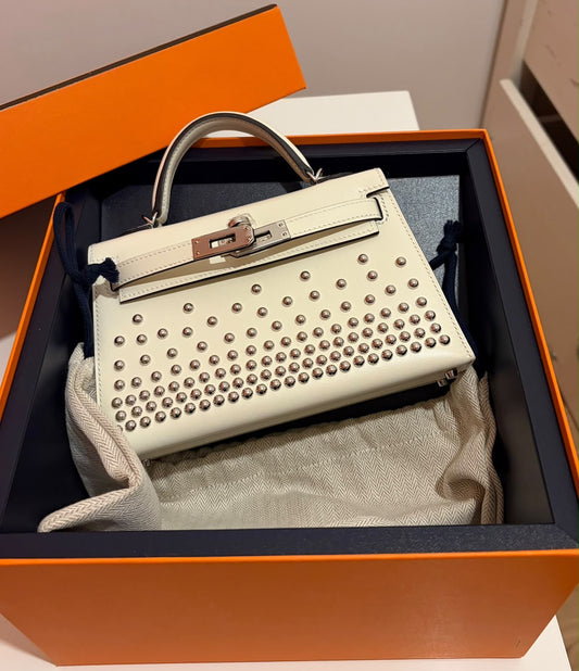 Hermès Kelly II Sellier Mini 20 Clouté in Nata Box Calf Leather with Palladium Hardware