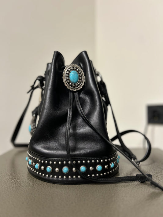 Prada Black Leather Bucket Bag with Turquoise Studs