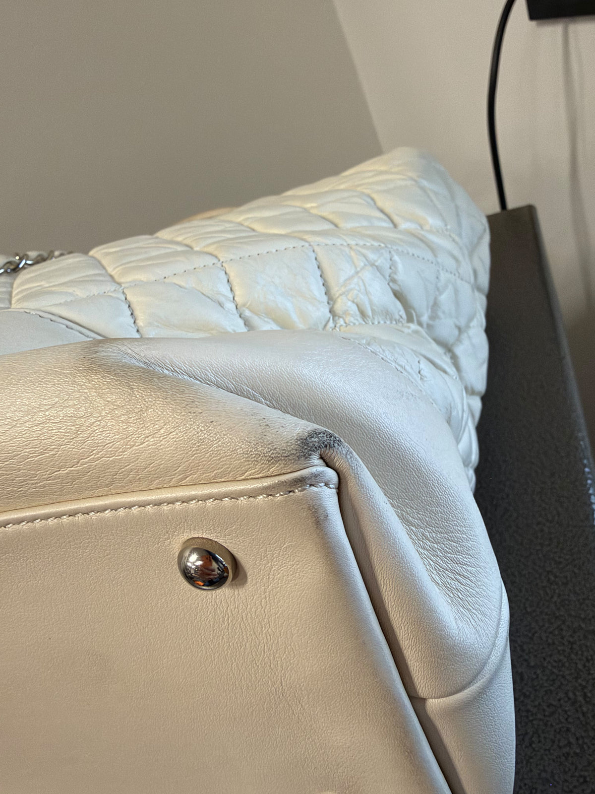 Chanel Ivory Quilted Leather Large Tote Bag with Chain Detail