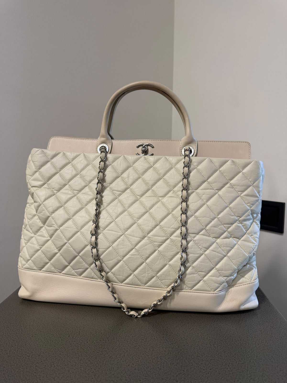 Chanel Ivory Quilted Leather Large Tote Bag with Chain Detail