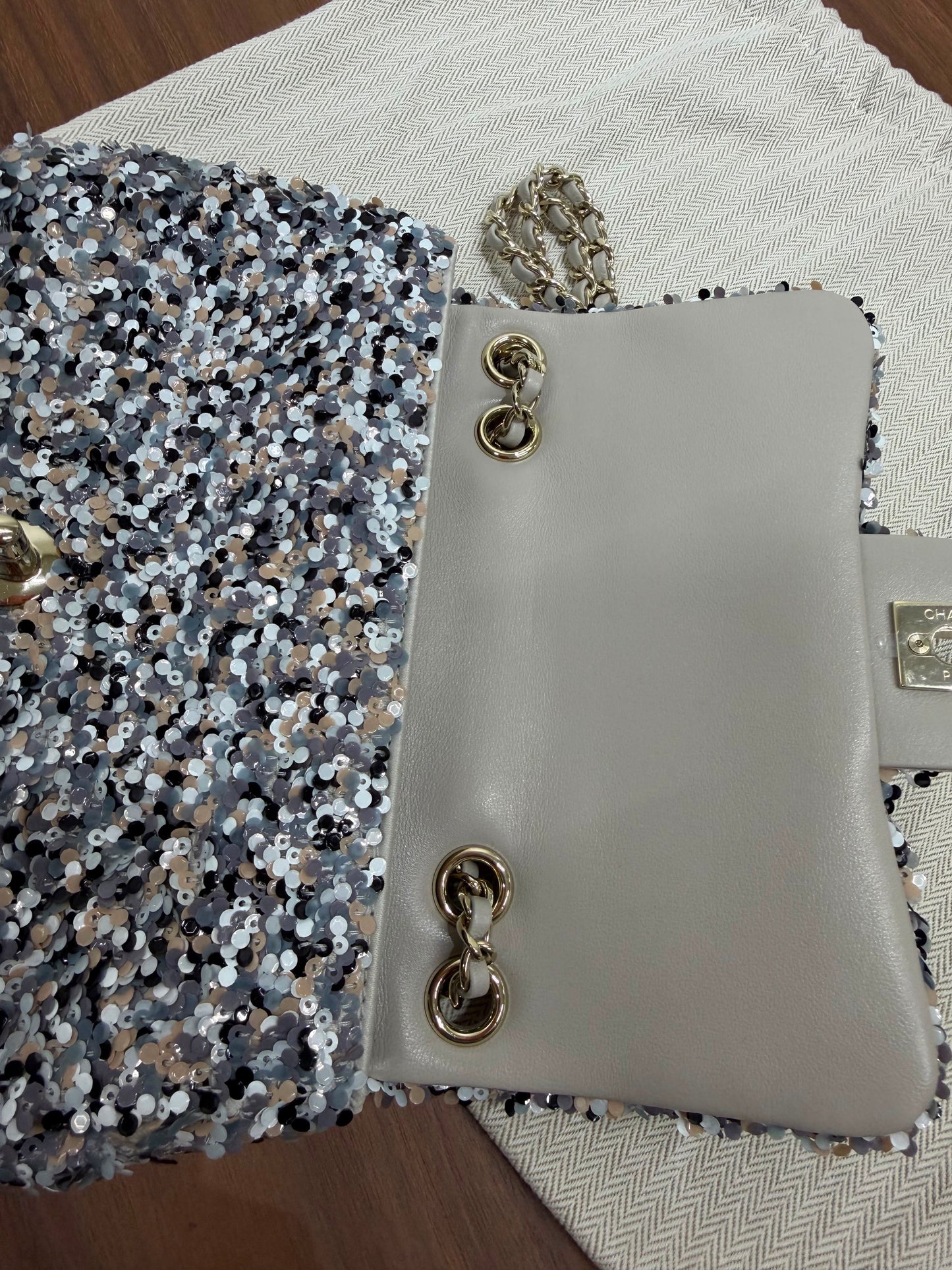 Chanel Sequin Mini Flap Gray Black White Pearly White