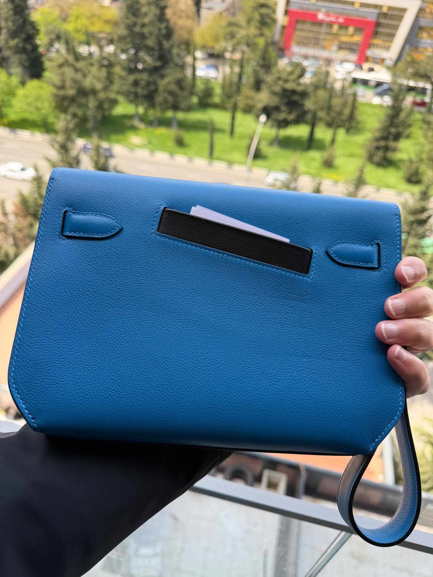 Hermes Depeche Colormatic Bleu Hydra/Black/Fauve Evercolor PHW. New, with box and documents.