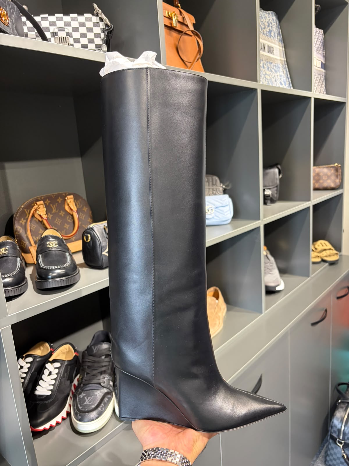 Jimmy Choo Black Leather Knee-High Wedge Boots – EU 39