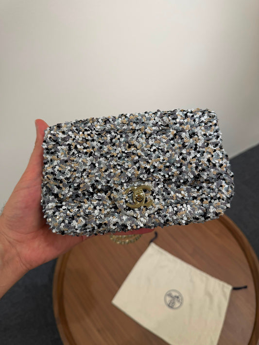 Chanel Sequin Mini Flap Gray Black White Pearly White