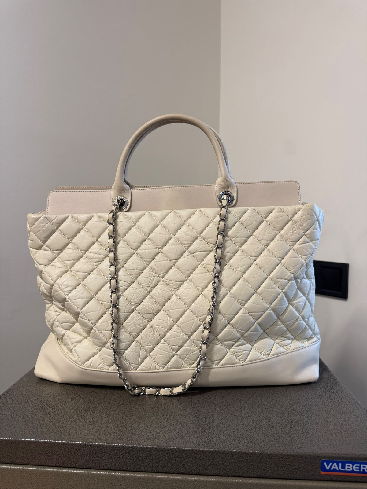 Chanel Ivory Quilted Leather Large Tote Bag with Chain Detail