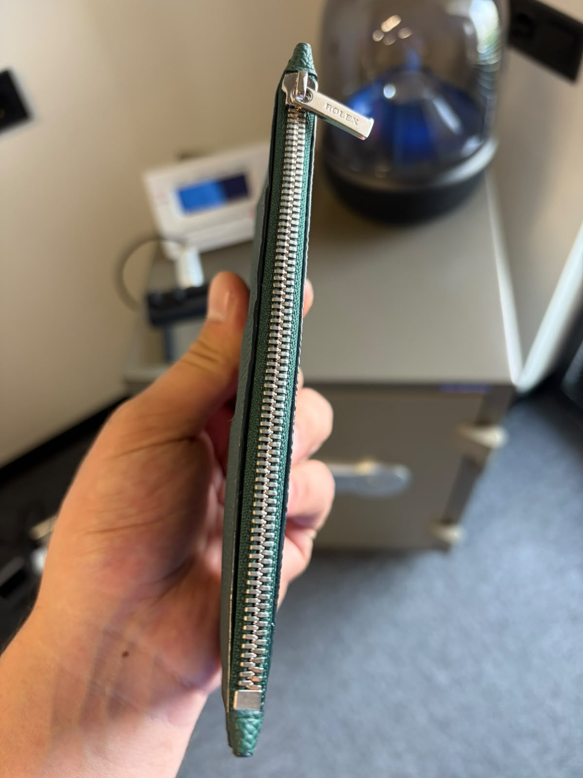 Rolex Green Leather Zip Card Holder Wallet