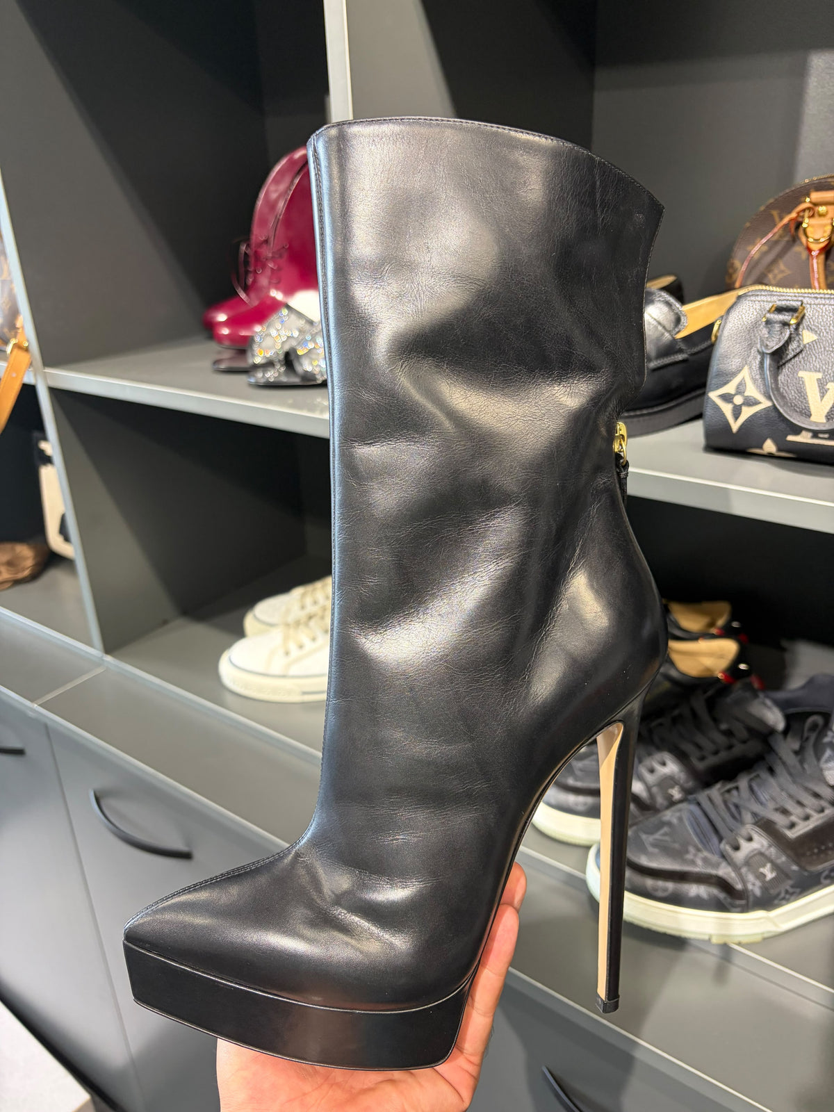Casadei Black Leather Platform Stiletto Boots. Size Eu 39