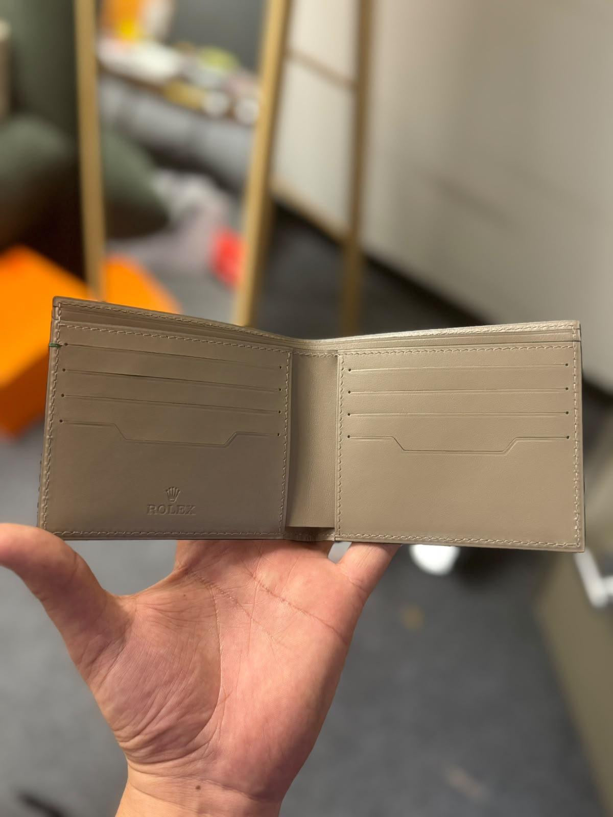 Rolex Grained Leather Bifold Wallet – Taupe Beige