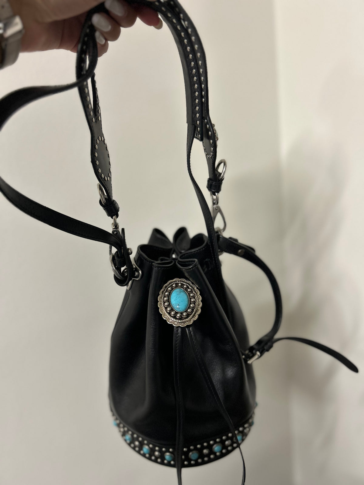 Prada Black Leather Bucket Bag with Turquoise Studs
