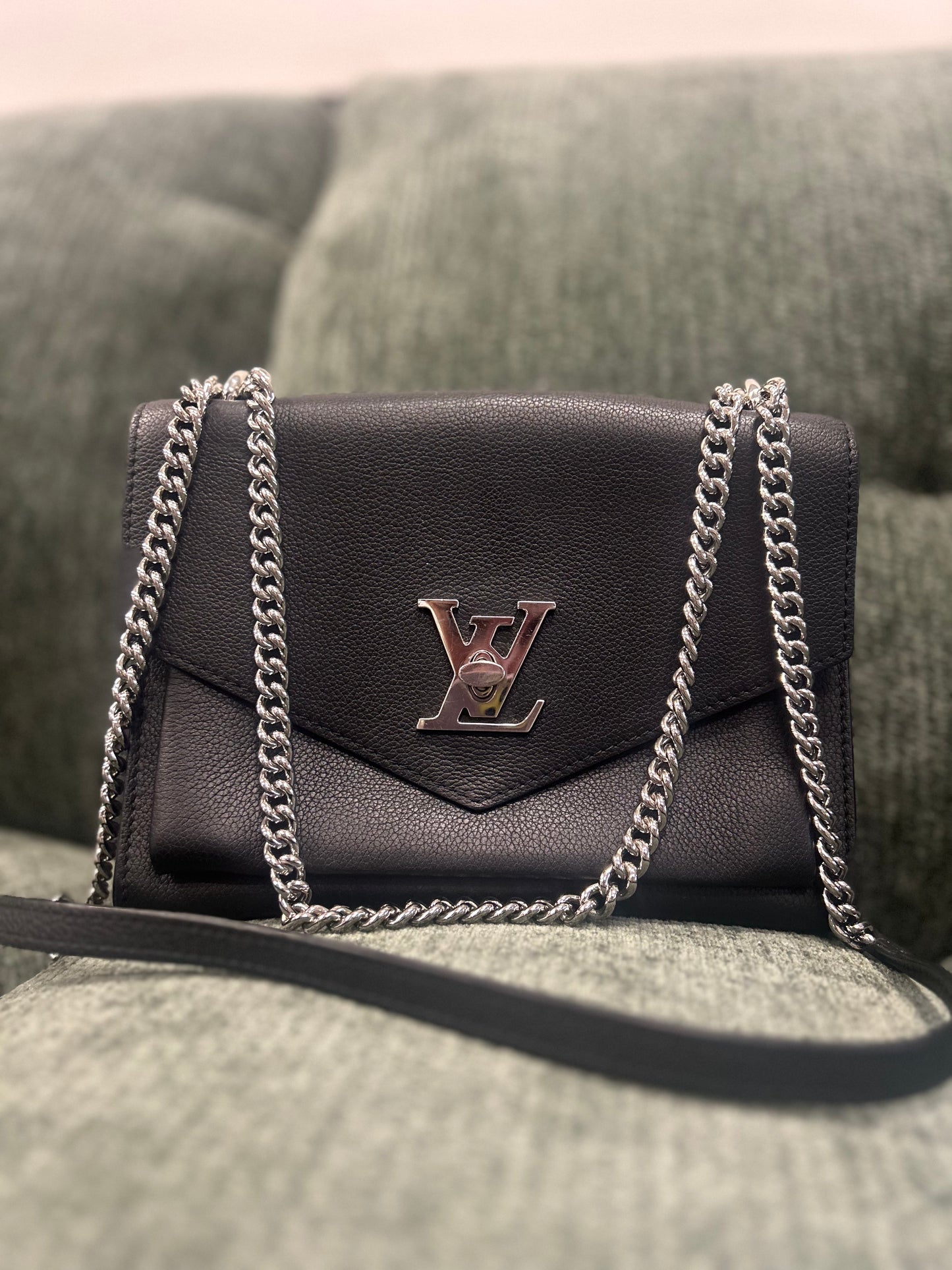 Louis Vuitton Black Leather Chain Crossbody Bag with Silver LV Twist Lock