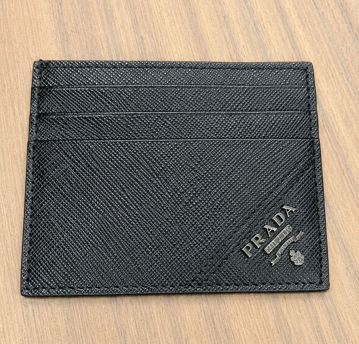 Prada Black Saffiano Leather Card Holder with Metal Logo