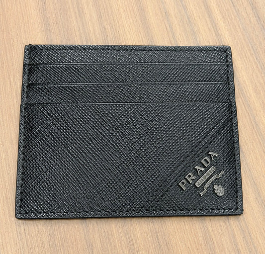 Prada Black Saffiano Leather Card Holder with Metal Logo