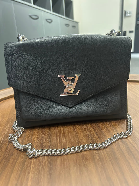 Louis Vuitton Black Leather Chain Crossbody Bag with Silver LV Twist Lock