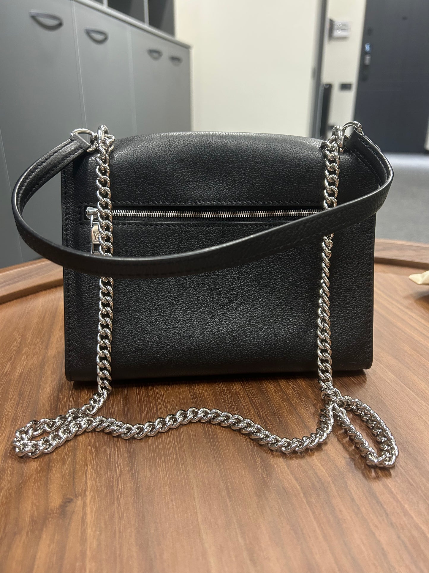 Louis Vuitton Black Leather Chain Crossbody Bag with Silver LV Twist Lock