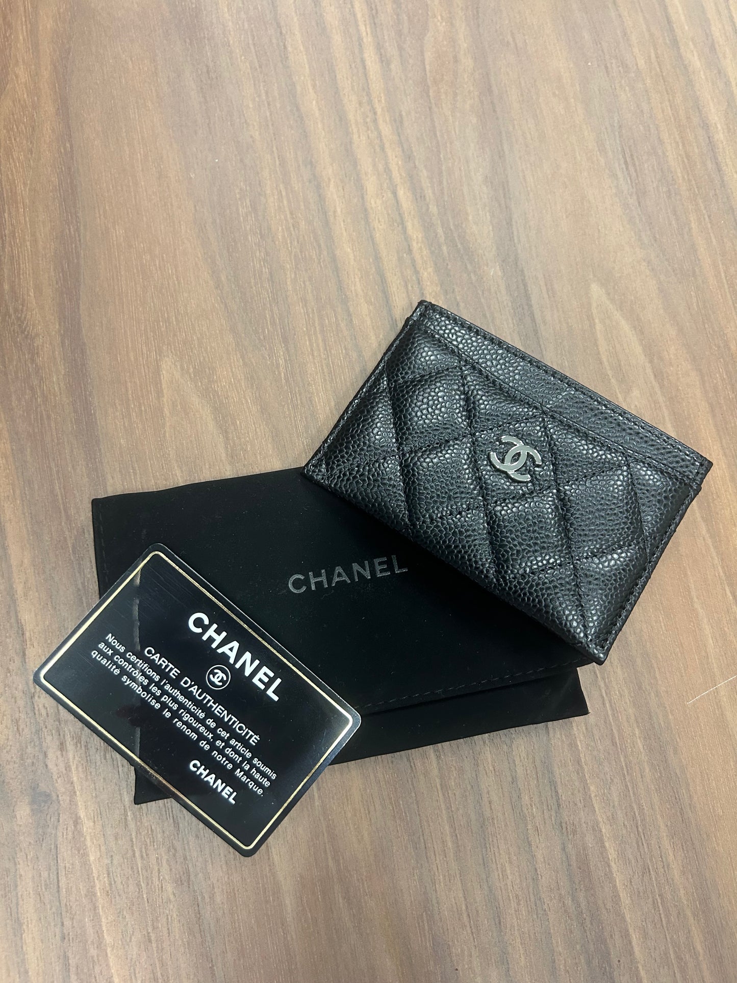 Chanel Black Caviar Quilted Leather Card Holder with Silver-Tone CC Logo