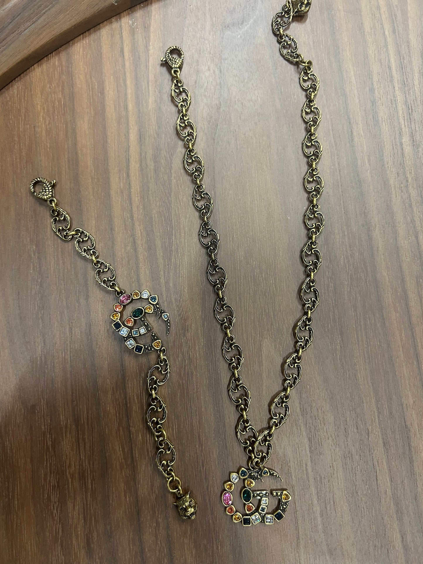 Gucci Gold-Tone GG Necklace & Bracelet Set with Multicolor Crystals