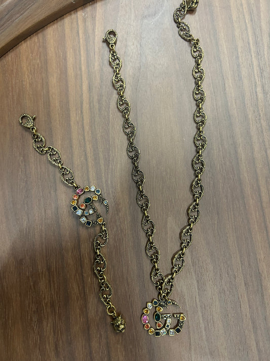 Gucci Gold-Tone GG Necklace & Bracelet Set with Multicolor Crystals