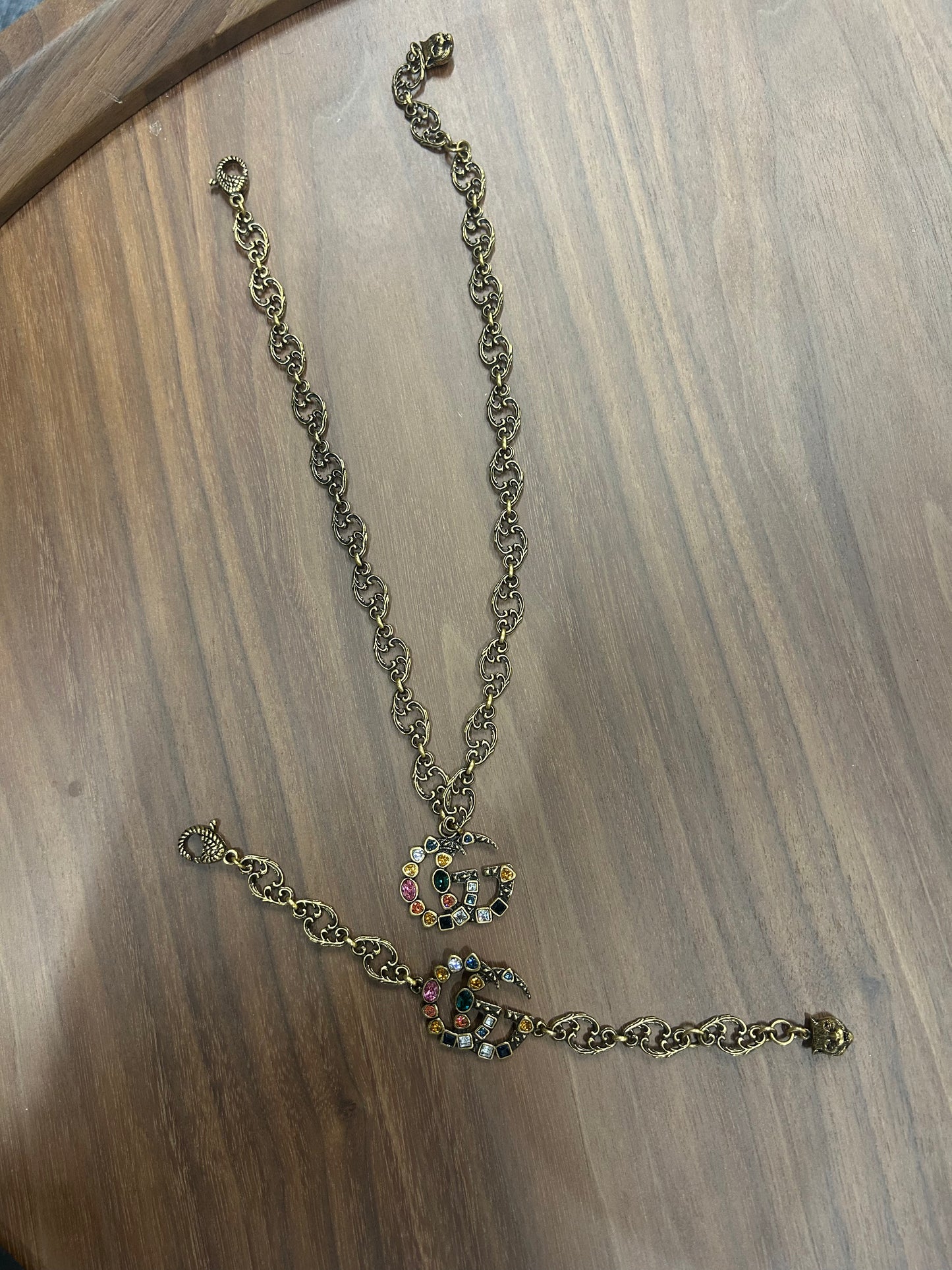 Gucci Gold-Tone GG Necklace & Bracelet Set with Multicolor Crystals