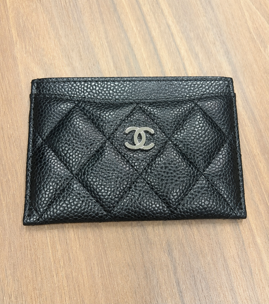 Chanel Black Caviar Quilted Leather Card Holder with Silver-Tone CC Logo