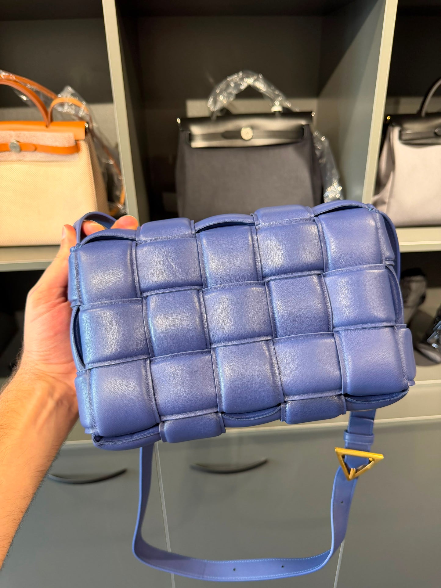 Bottega Veneta Padded Cassette Bag In Blue Padded Maxi Intrecciato Leather