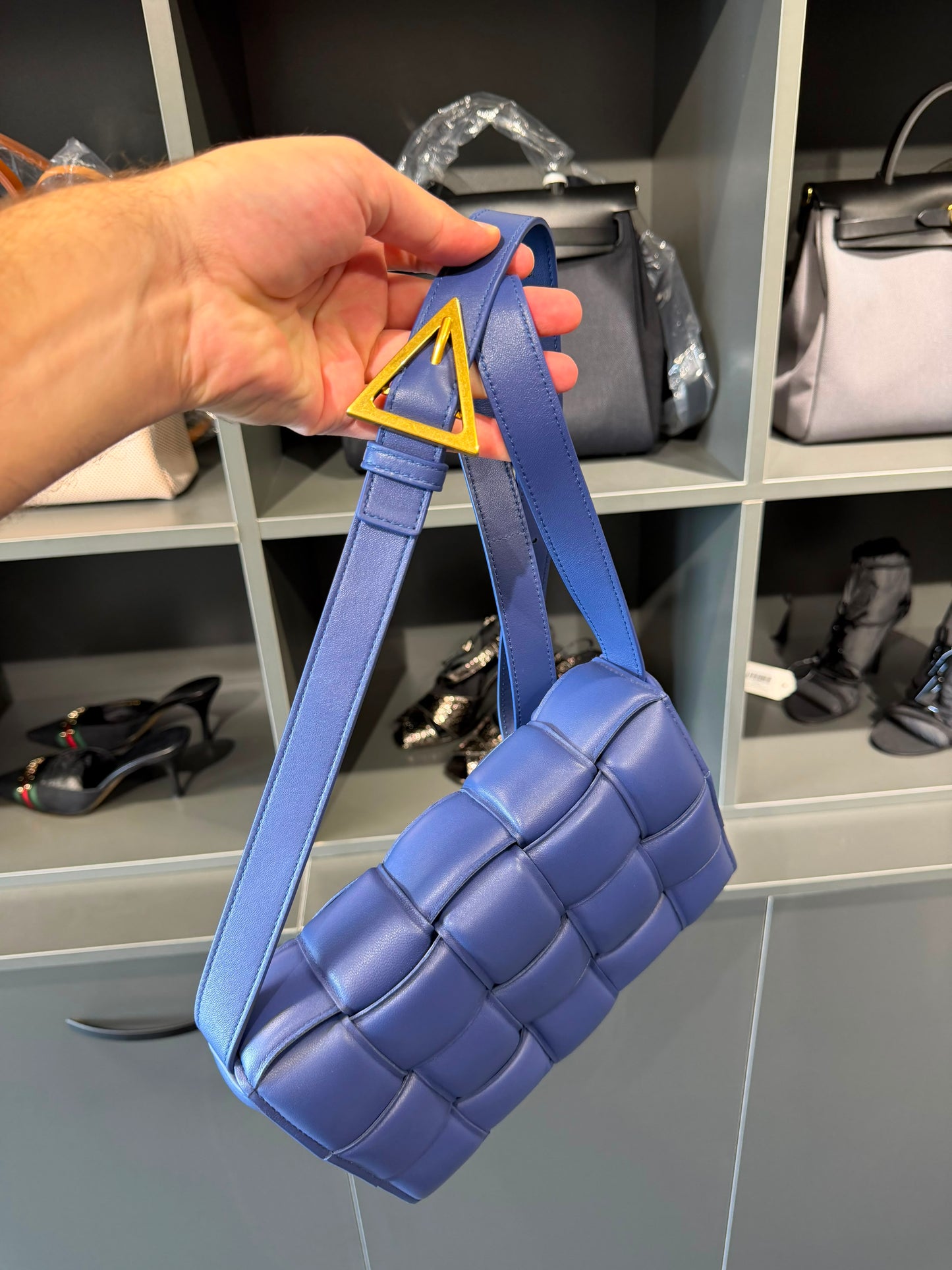 Bottega Veneta Padded Cassette Bag In Blue Padded Maxi Intrecciato Leather