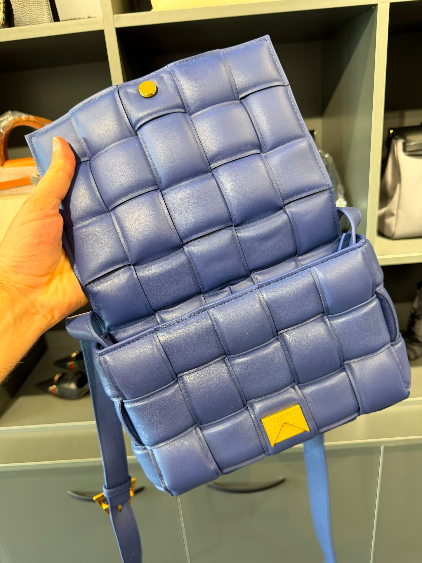Bottega Veneta Padded Cassette Bag In Blue Padded Maxi Intrecciato Leather