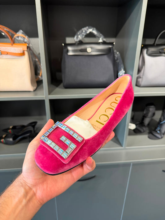 Gucci Pink Velvet G Frame Crystal Women’s Flats. Size Eu 38,5