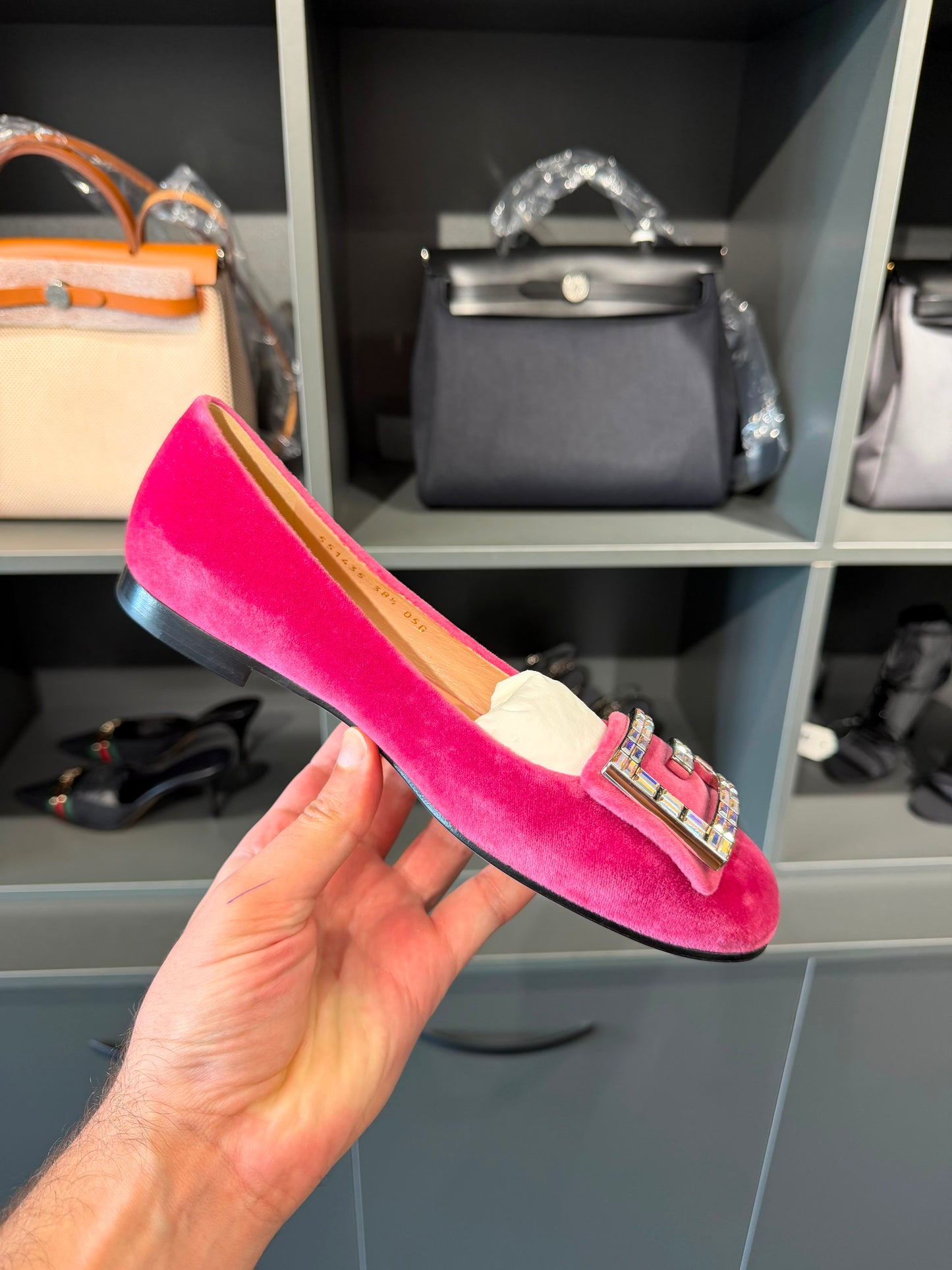 Gucci Pink Velvet G Frame Crystal Women’s Flats. Size Eu 38,5