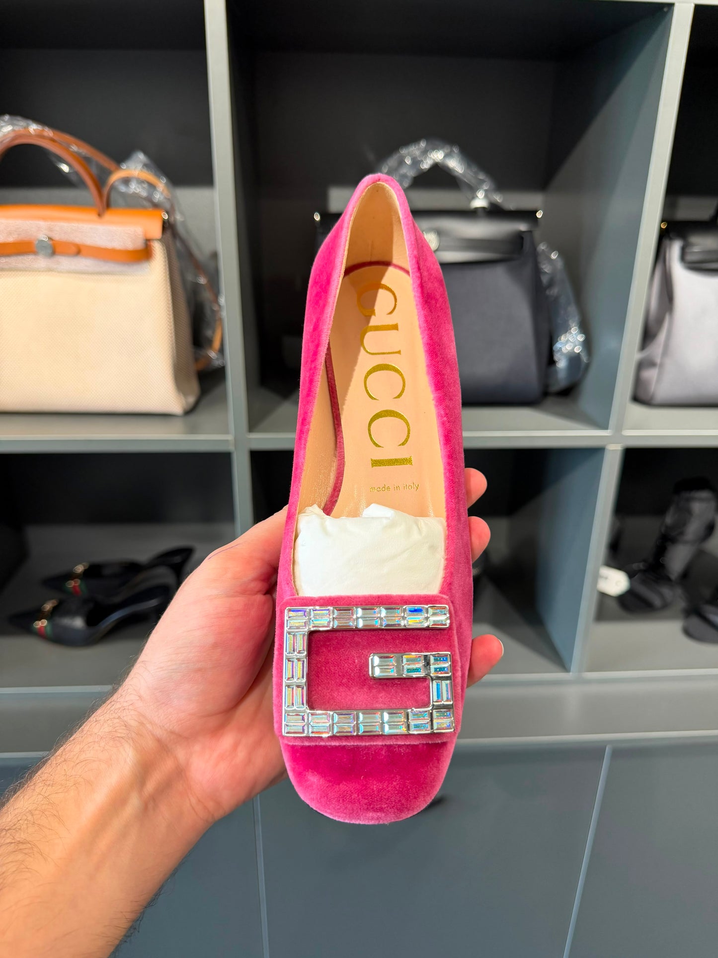Gucci Pink Velvet G Frame Crystal Women’s Flats. Size Eu 38,5