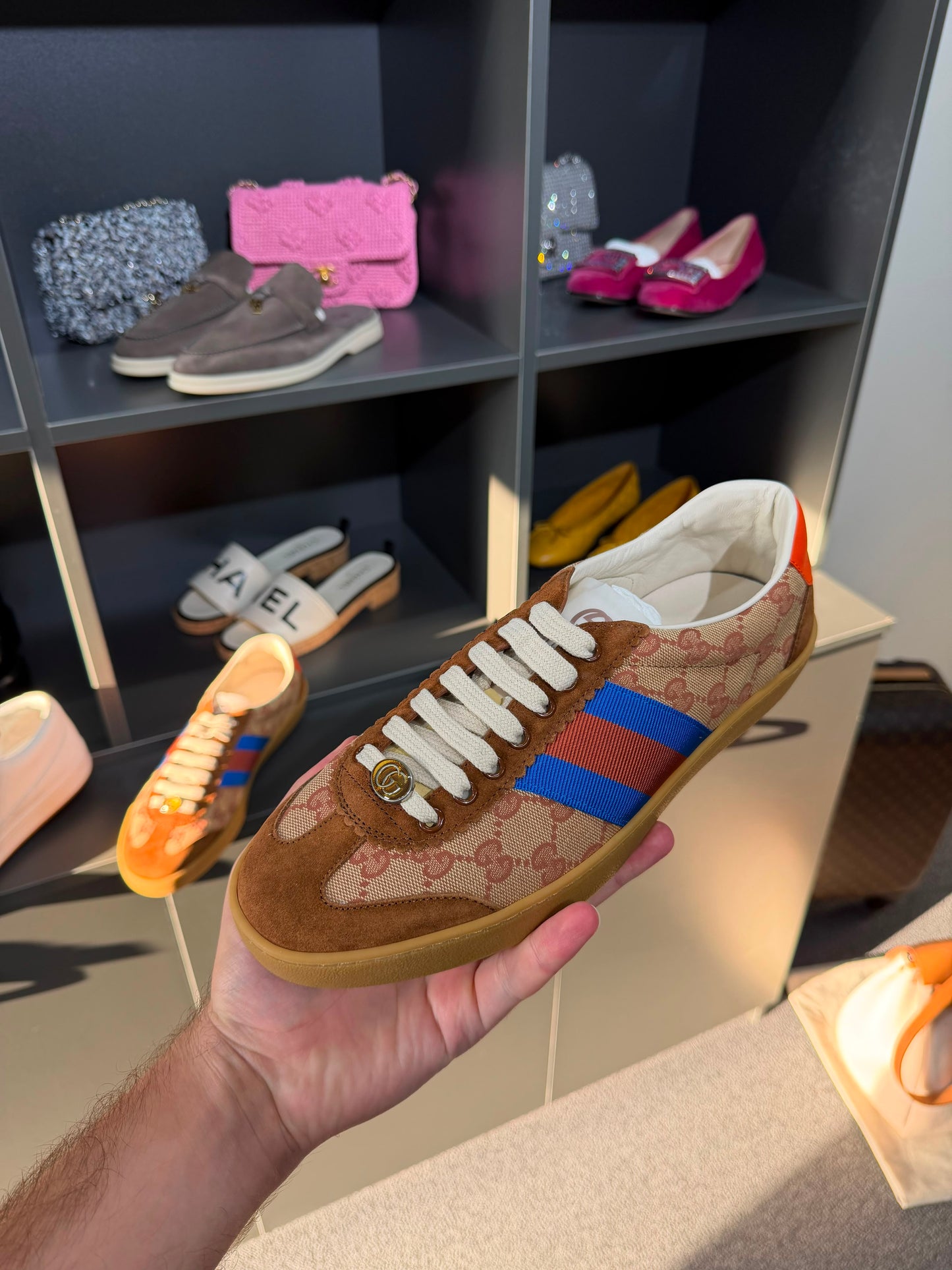 Gucci G74 GG Canvas Sneakers with Web Stripe. Size Eu 42