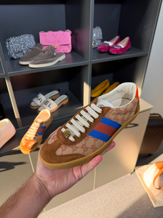 Gucci G74 GG Canvas Sneakers with Web Stripe. Size Eu 42