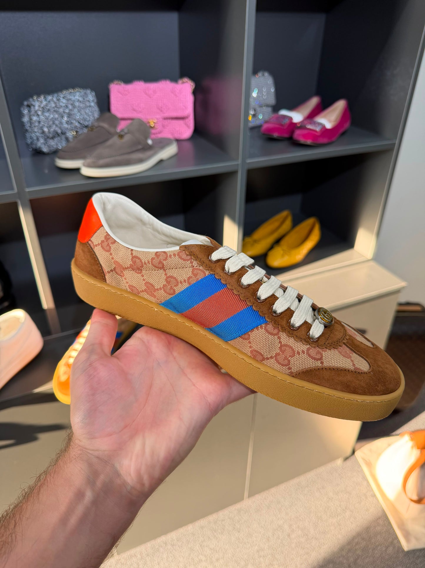 Gucci G74 GG Canvas Sneakers with Web Stripe. Size Eu 42