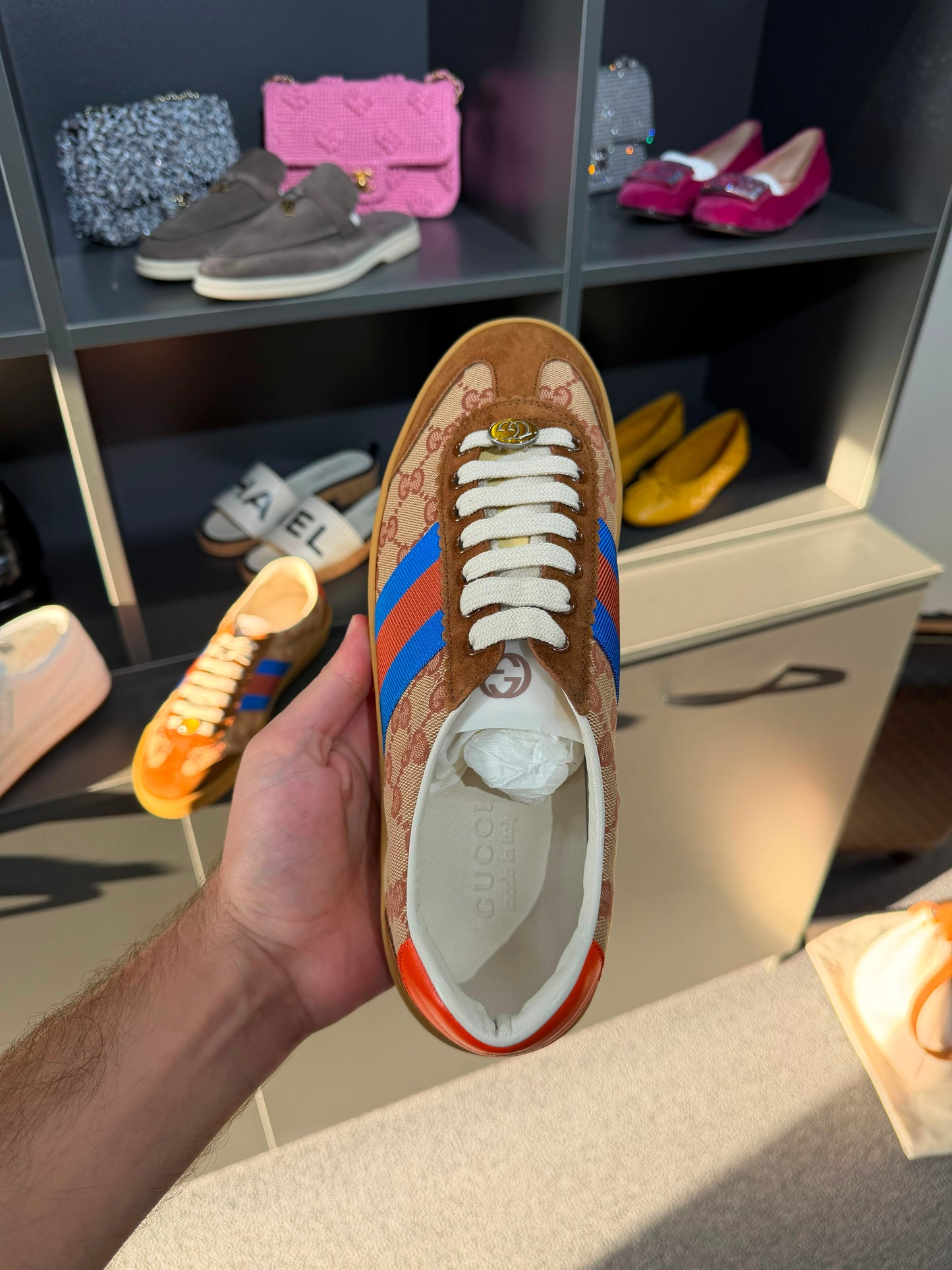 Gucci G74 GG Canvas Sneakers with Web Stripe. Size Eu 42