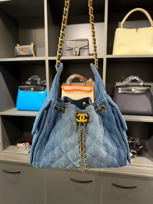 Chanel 25 Denim Hobo Bag with Gold-Tone Chain & Logo