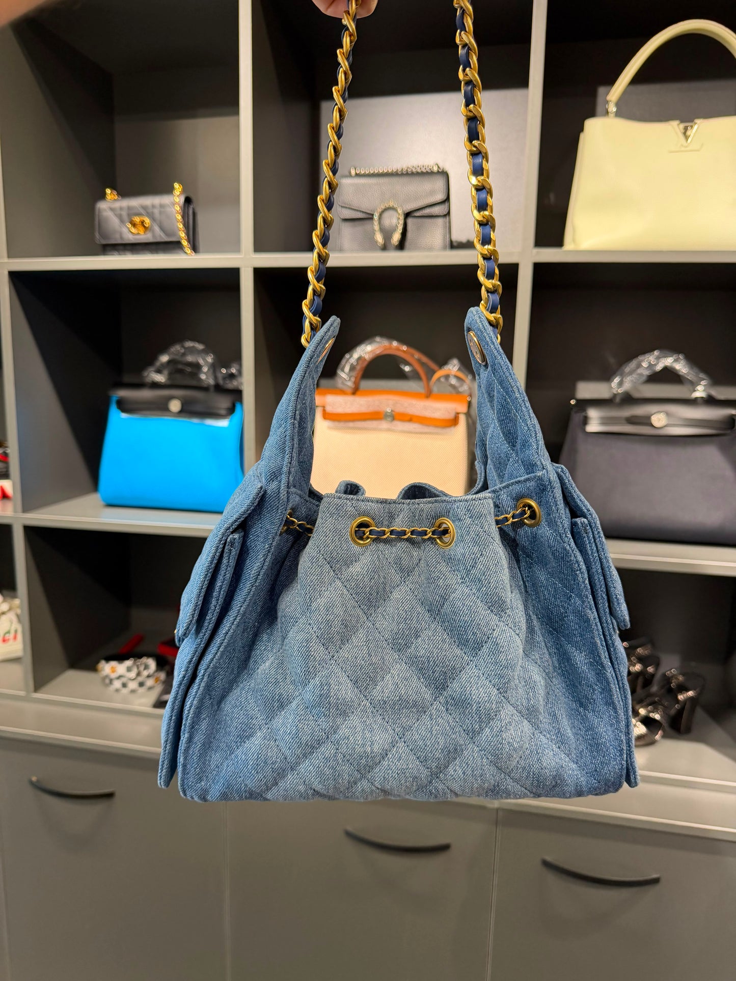 Chanel 25 Denim Hobo Bag with Gold-Tone Chain & Logo