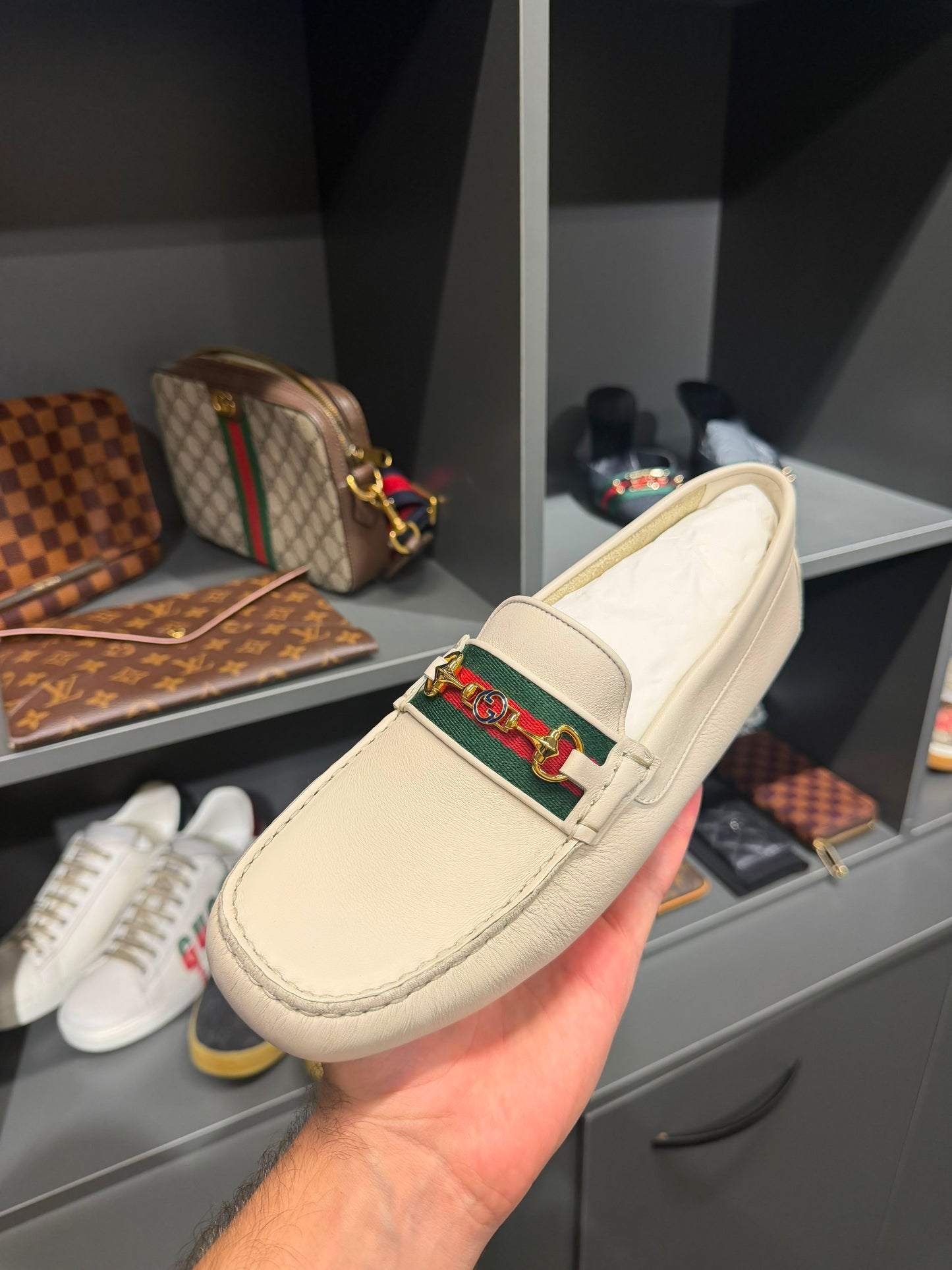 Gucci Men’s Horsebit Web Leather Loafers – White. Size Eu 42