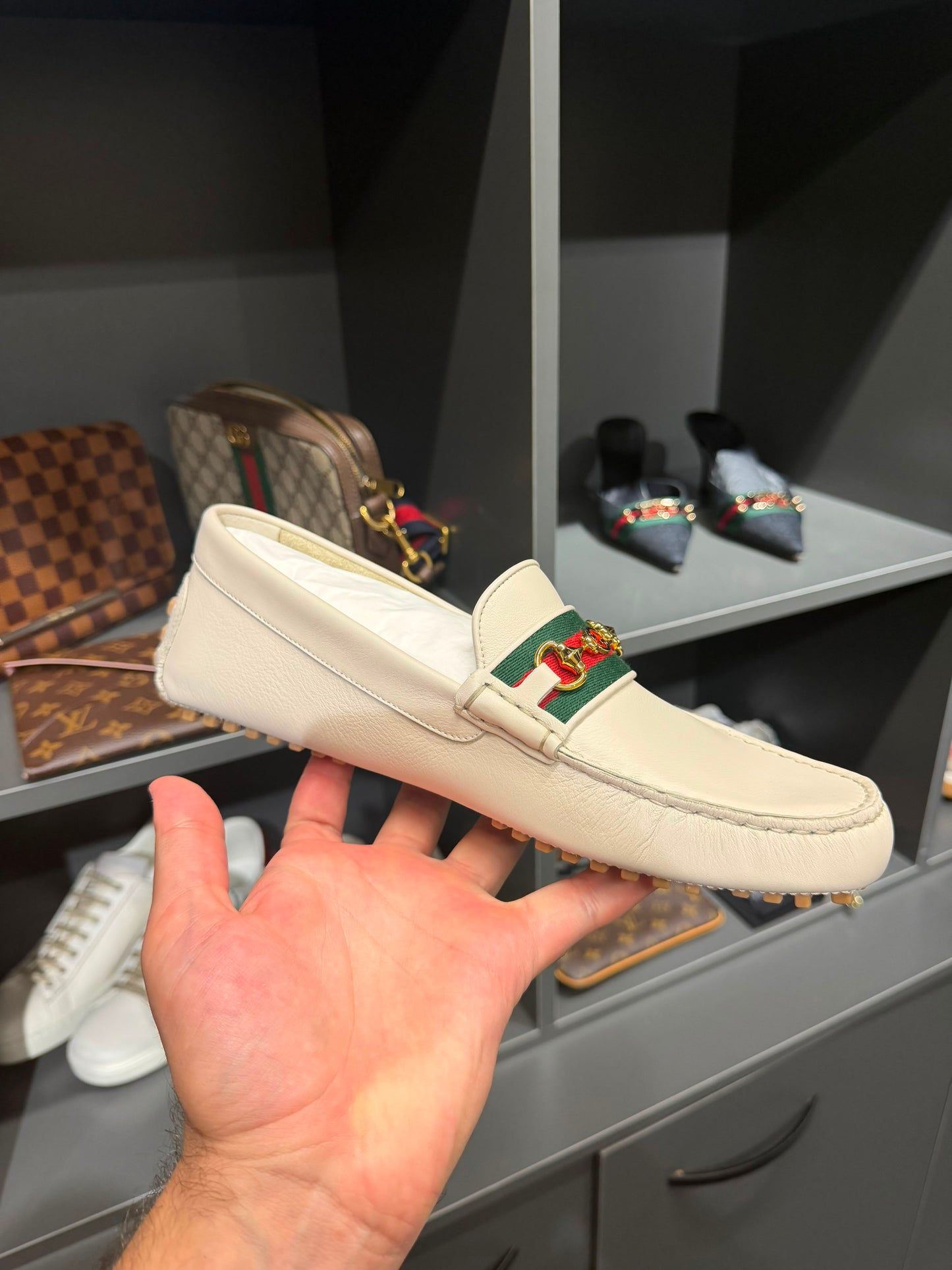 Gucci Men’s Horsebit Web Leather Loafers – White. Size Eu 42